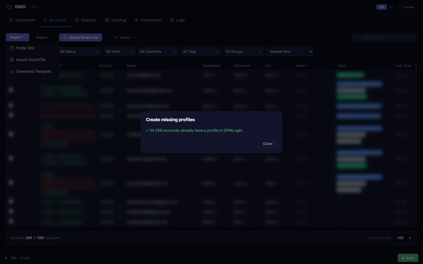 The Create missing profiles modal: count of accounts with no profile, a scrollable email list, the open-once note, and the "Create N profiles" button