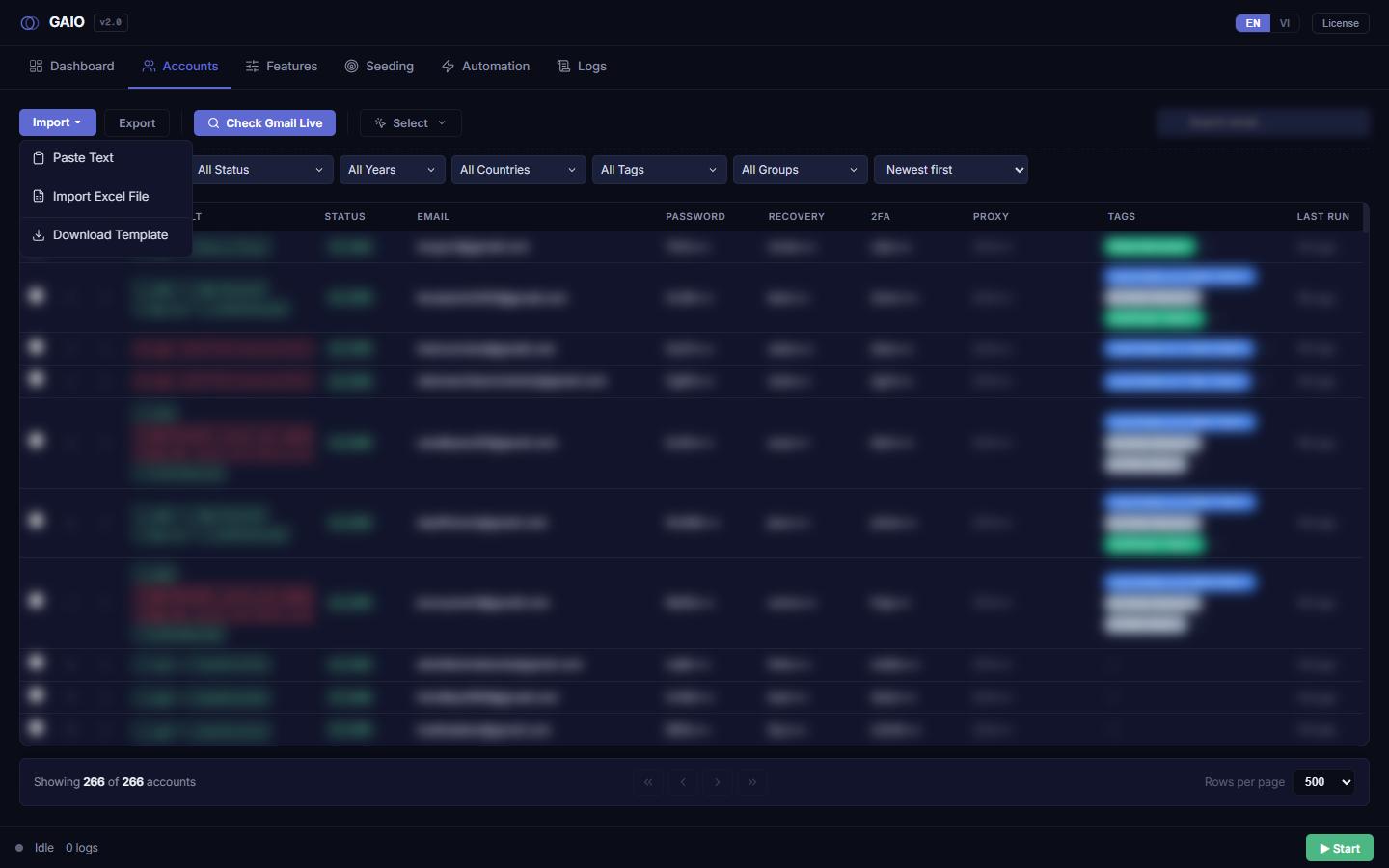 Menu Import mở ra với ba mục: Paste Text, Import Excel File và Download Template