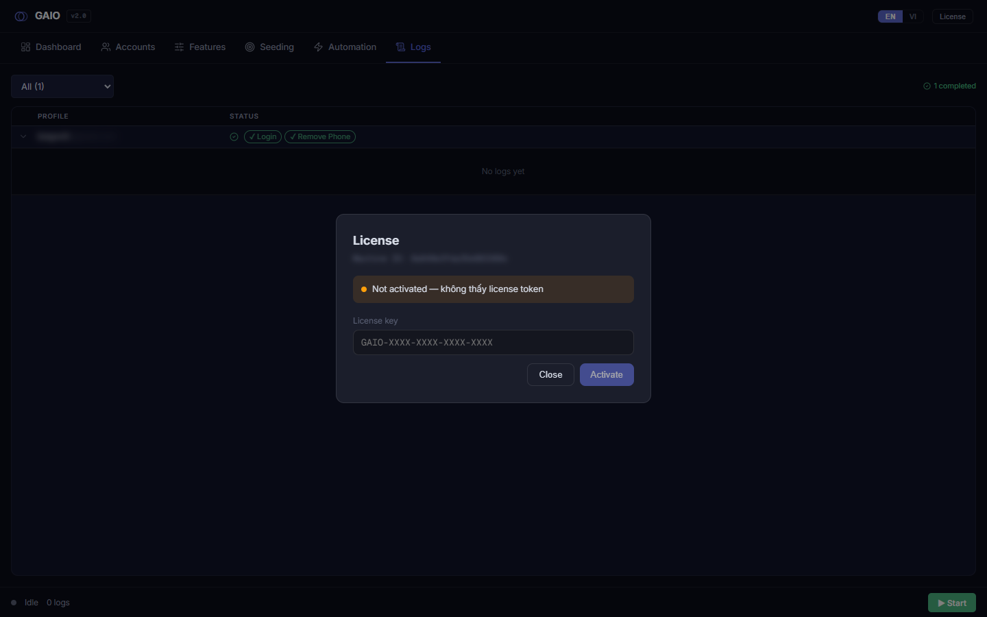 The License dialog with the status panel, key field and Activate button