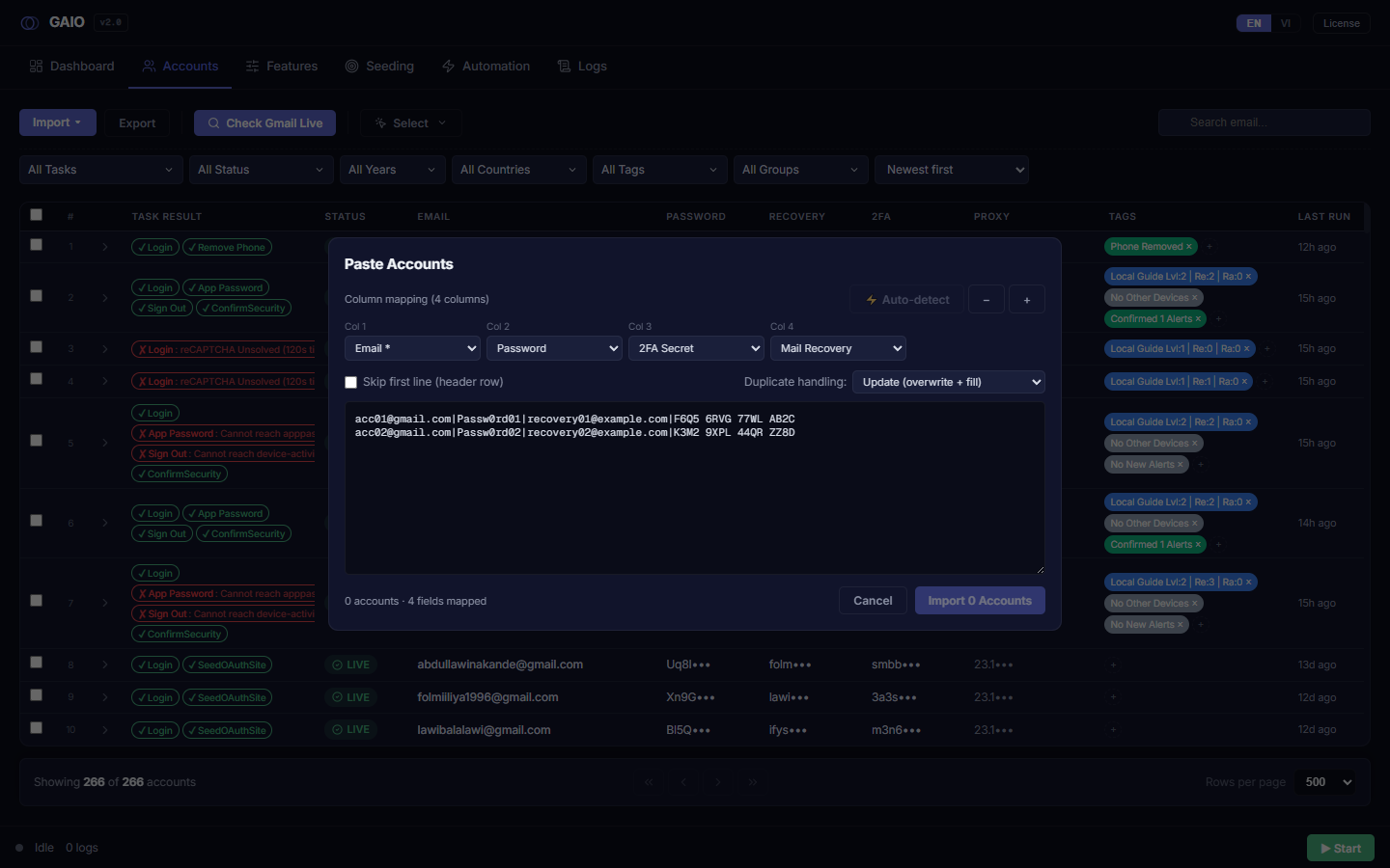 Hộp thoại Paste Accounts: hàng ánh xạ cột ở trên, ô văn bản pipe ở dưới, dải Preview row 1 và nút Import